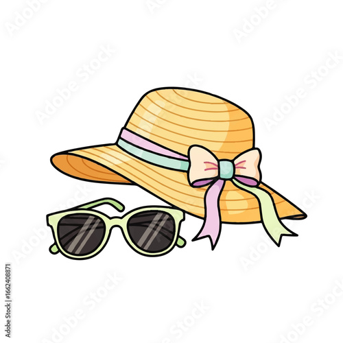 A stylish straw sunhat with a pastel ribbon bow rests beside light green sunglasses, ready for a sunny day.