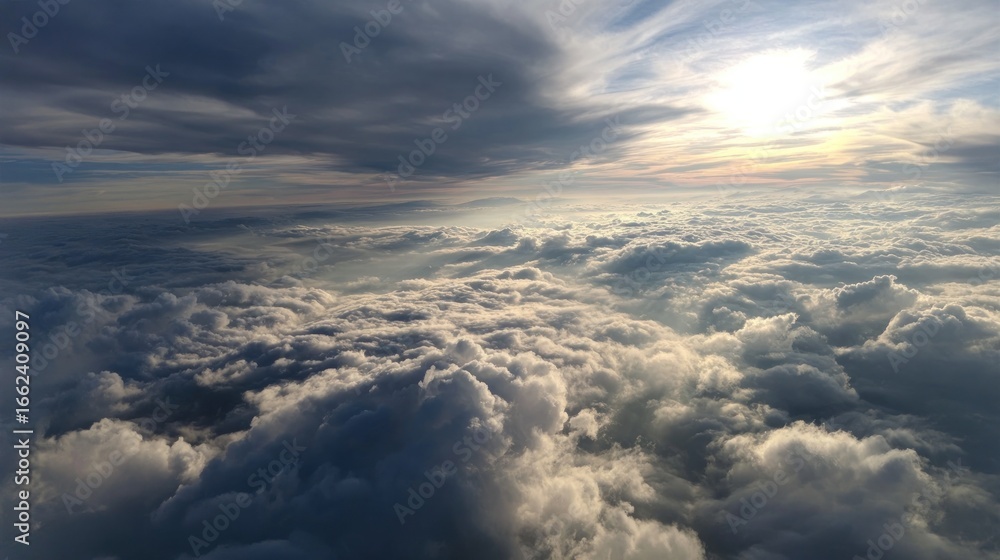 Naklejka premium Aerial perspective of sunlit clouds below a dramatic sky, showing various cloud formations