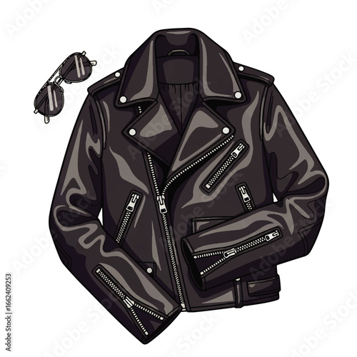 A stylish black leather biker jacket with aviator sunglasses, showcasing a cool and rebellious attitude.
