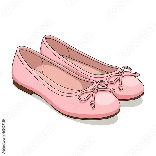 A pair of pink ballet flats with bows rests on a white background, conveying a feeling of delicate femininity and youthful charm.