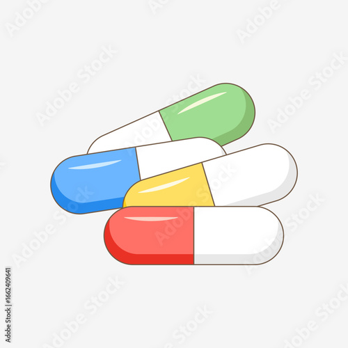 Illustration of a combination of colorful capsules in various colors on a white background