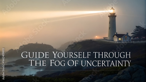 Lighthouse Illuminating the Coastline in Misty Evening Light