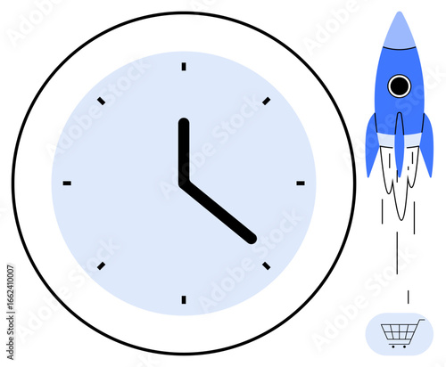 Rocket launching beside a clock, symbolizing rapid progress, time efficiency, and e-commerce growth. Ideal for productivity, innovation, time management, business success, technology fast delivery