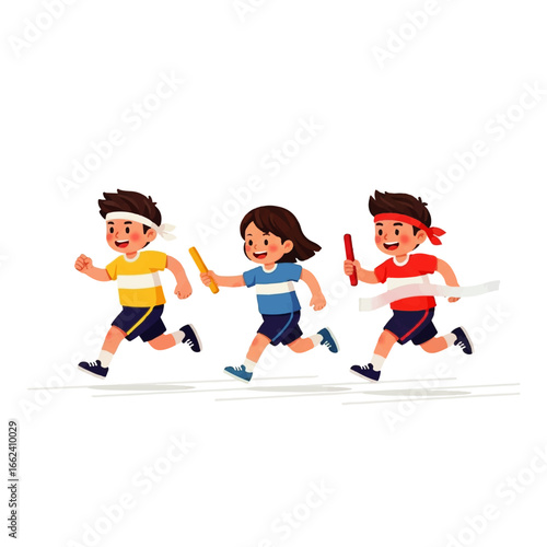 Three cheerful children participate in a relay race, exchanging batons with joyful expressions, against a clean white background.