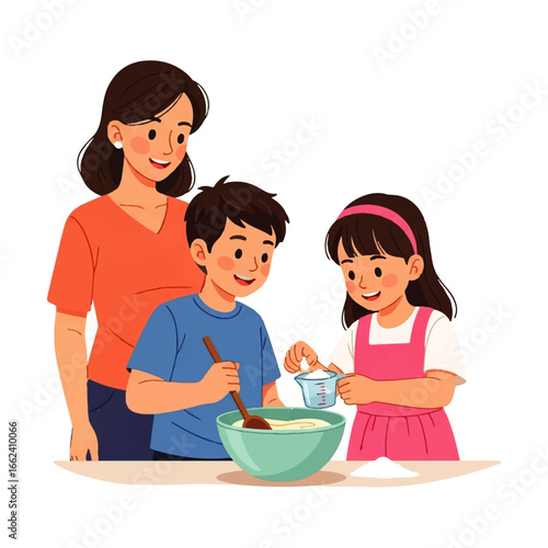 A happy mother and her two children joyfully bake together in their bright kitchen, creating sweet memories.