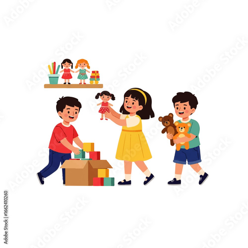 Happy children joyfully share toys, organizing blocks and dolls in a playful nursery setting.