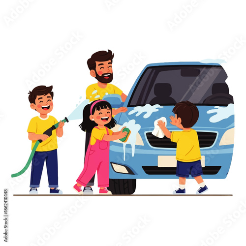 A happy family washes their blue car together, enjoying a sunny day filled with laughter and teamwork.