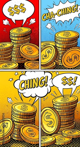 Stacks of gold coins comic book style