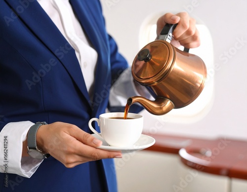 Professional flight attendant elegantly serving hot coffee from vintage copper pot to passenger in luxury aircraft cabin