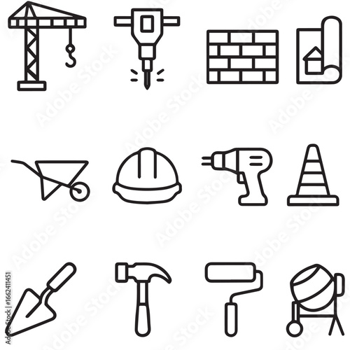 Construction and building tools icon set in outline style, Black outline icons of construction tools including crane, drill, helmet, wheelbarrow, hammer, and more, ideal for building, industry