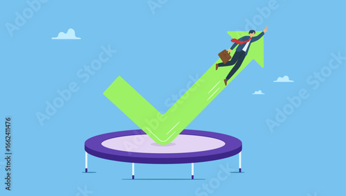 Businessman jump bouncing high on trampoline with green rising up performance arrow graph. Stock market rebound, overcome business down fall and grow up profit or leadership and achievement.