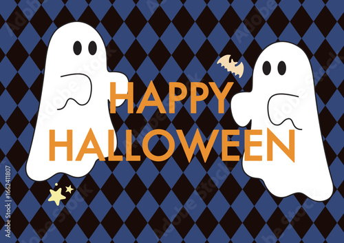 フレーム　ハロウィン　秋　おばけ　ゴースト　コウモリ　ダイヤ柄　かわいい　飾り　壁紙　背景　イラスト