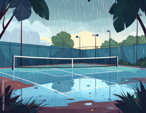a rainy in tennis court