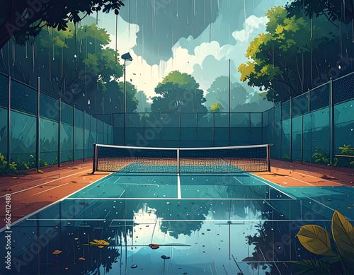 a rainy in tennis court 2D style