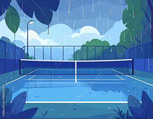 2D Vector Art of a Tennis Court at Dusk