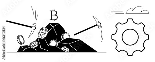 Pickaxes extracting coins from a digital mountain symbolizing cryptocurrency mining. Blockchain, cloud, and gear elements highlight technology, economy, and innovation. Ideal for finance, digital