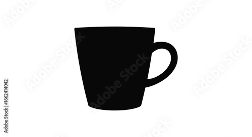 A black silhouette of a coffee mug with handle on a white background