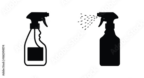 Black silhouettes of spray bottles with one spraying liquid