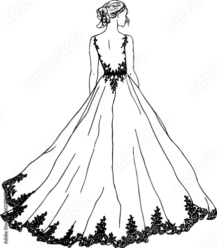 Sketch of bride in elegant wedding dress with intricate lace details and flowing train, showcasing romantic and timeless design. bride hair is styled in updo