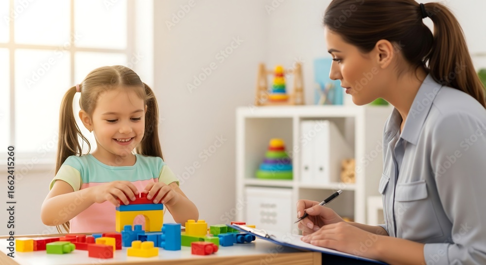 Fototapeta premium A young girl engages in playful therapy with a female therapist, using colorful building blocks. The therapist observes and takes notes, indicating a supportive and engaging therapeutic sess