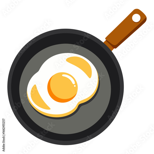 A simple, top-down illustration of a single fried egg in a black frying pan. This image symbolizes breakfast, cooking, food, and the start of a new day.