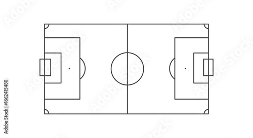 A black and white diagram of a soccer field with goals and markings