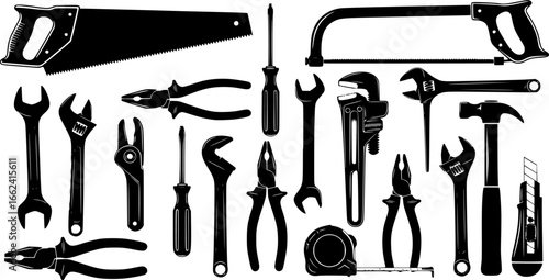 A collection of various hand tools including wrenches pliers saws screwdrivers and hammers in black silhouette | editable eps vectors