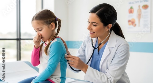 A female pediatrician uses a stethoscope to examine a young girl's back, demonstrating compassionate healthcare for children. The child appears slightly unwell.