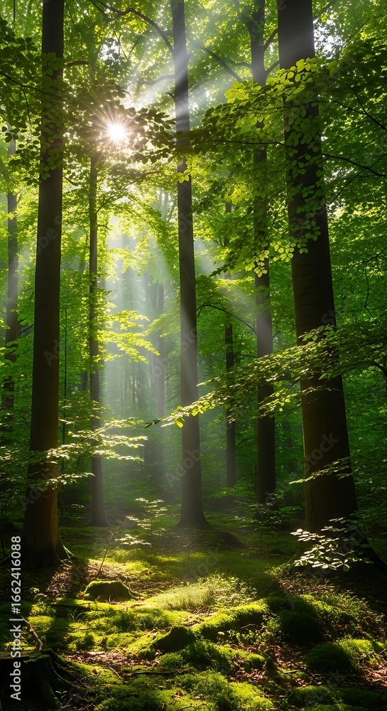 Naklejka premium Sunbeams in a lush forest