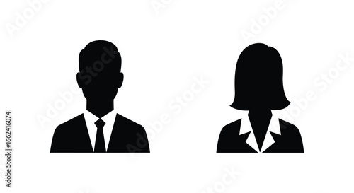 Black silhouettes of business man and woman in formal attire on white background