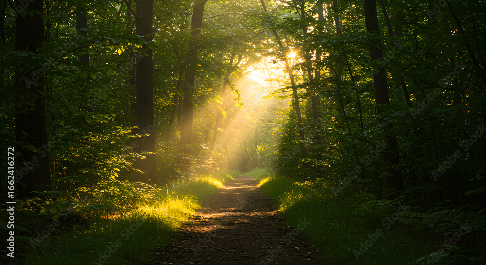 Obraz premium Sunlit Path Through a Mystical Forest