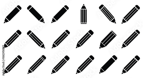 A collection of black pencils in various orientations on a white background