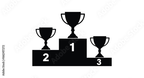 A black and white illustration of a trophy podium with three cups