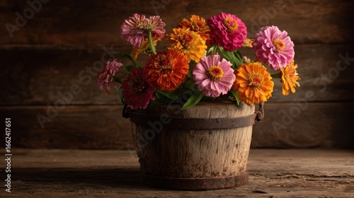 Wallpaper Mural Colorful zinnia flowers in a rustic wooden bucket Torontodigital.ca