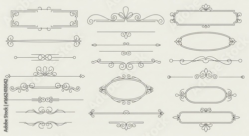 A collection of elegant, vintage-style decorative borders and dividers. Perfect for adding a classic touch to designs. Various shapes and sizes are included.