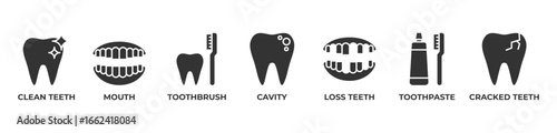 Complete Oral Care Icons set vector illustration glyph with Clean teeth, Mouth, Toothbrush, Cavity, Loss teeth, Toothpaste, Cracked teeth