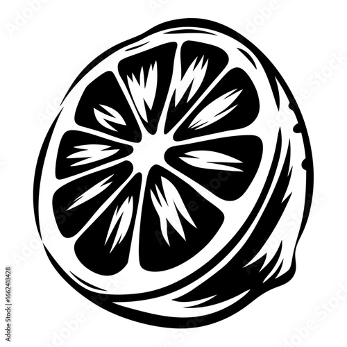 Black and white stylized cross section illustration of a lemon or lime