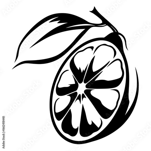 Abstract artistic depiction of a lemon slice with leaves in black and white