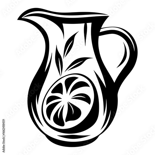 Black and White Stylized Pitcher with Citrus Fruit and Leaves Illustration