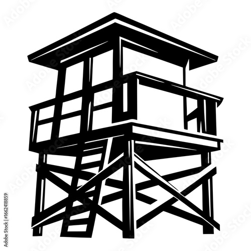 Monochrome Illustration of a MultiLevel Lifeguard Tower with Bold Geometric Shapes