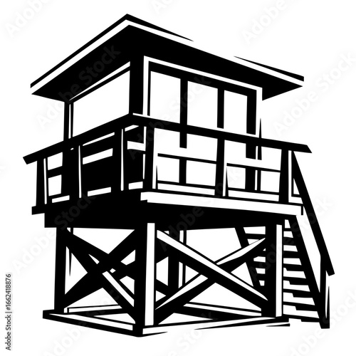 Dramatic and stark monochrome illustration of a lifeguard tower near the beach