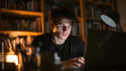 Focused young man studying late at night with laptop in cozy home library
