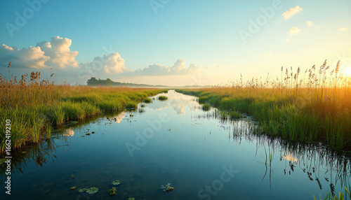 Golden Hour Serene Marsh Panorama | Luxury Nature & Magazine Cover Background