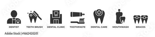 Total Dental Care Icons set vector illustration glyph with Dentist, Teeth brush, Dental clinic, Toothpaste, Dental care, Mouthwash, Braces