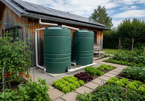 Green water tanks in a garden