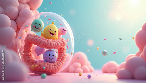 Vibrant 3D Cartoon Gut Bacteria in Digestive System, Microbiome Health Illustration
