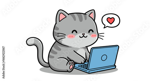 cartoon illustration of a cute gray cat with white cheeks, happily using a blue laptop.