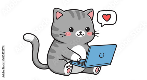 cartoon illustration of a cute gray cat with white cheeks, happily using a blue laptop.