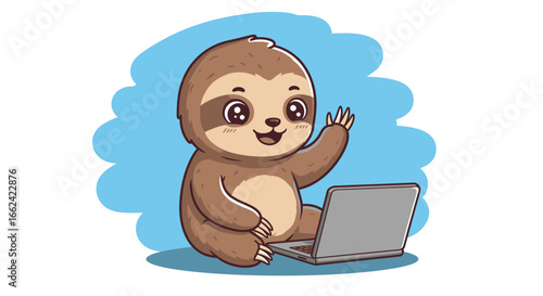  sloth sitting with a happy expression, using a laptop.
