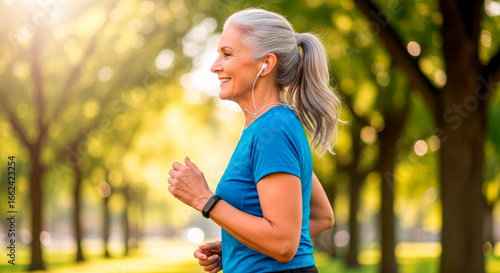 Senior woman wearing smart watch and earphones running in park